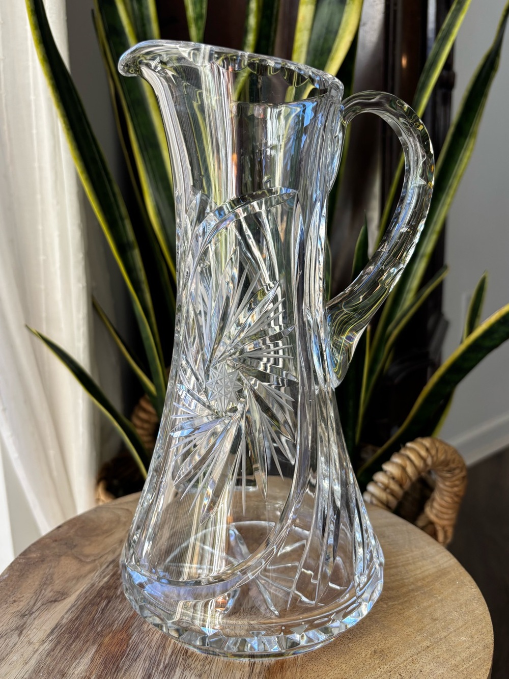 Vintage Bohemia Clear Crystal Glass Pitcher with Starburst Cut